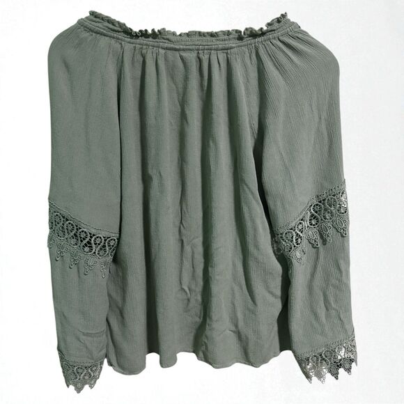 Daytrip Boho Peasant Blouse Women’s Large Green Crinkle Rayon Crochet Detail - Picture 2 of 6